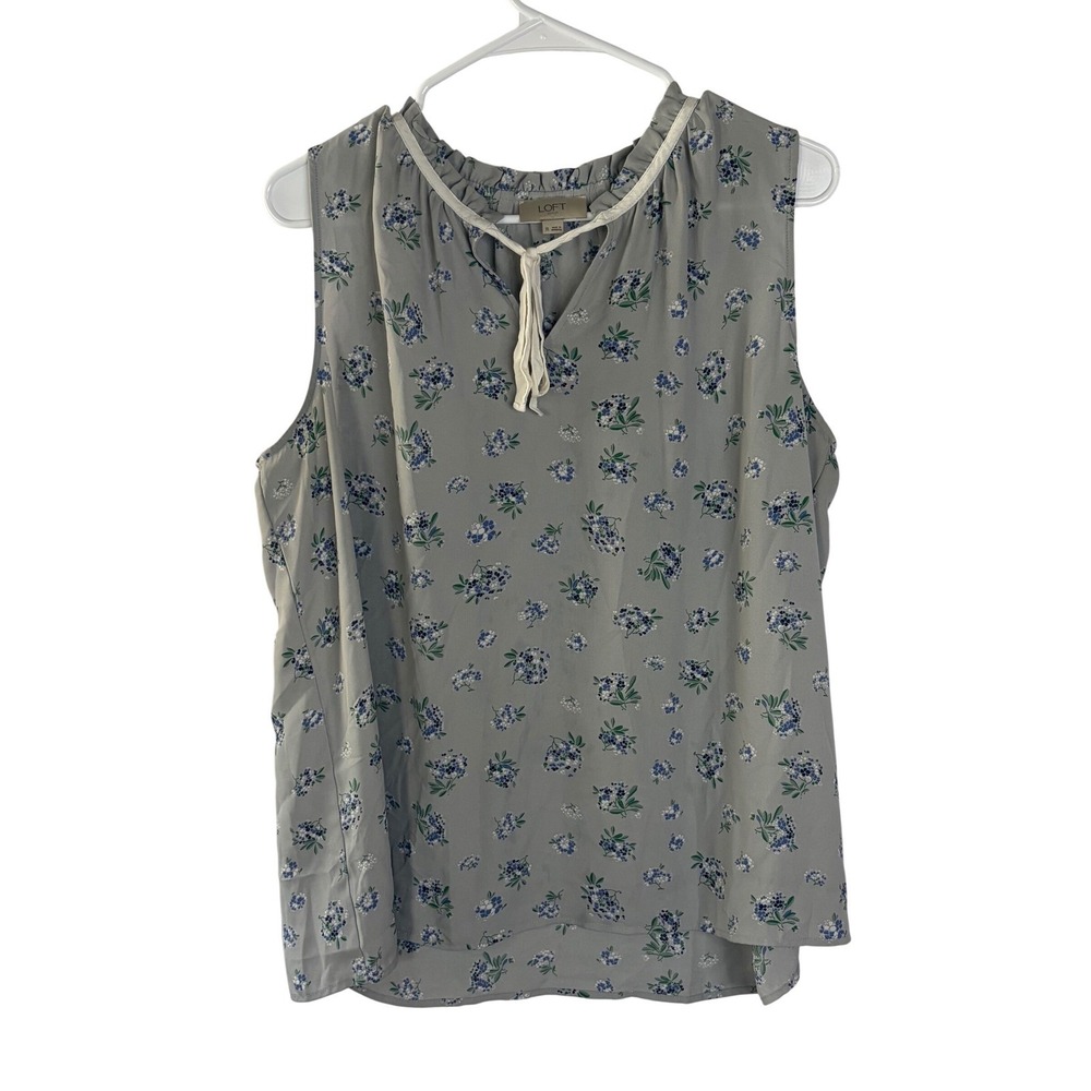 Loft Outlet Womens XL Grey Floral Sleeveless Ruffle Tie Neck Blouse Top